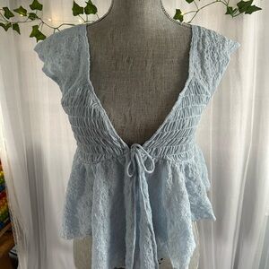 Urban Outfitters Light Blue Lace Tie-Front Peplum Top
